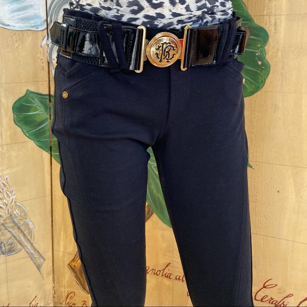 Roberto Cavalli black leggings pants with logo belt new